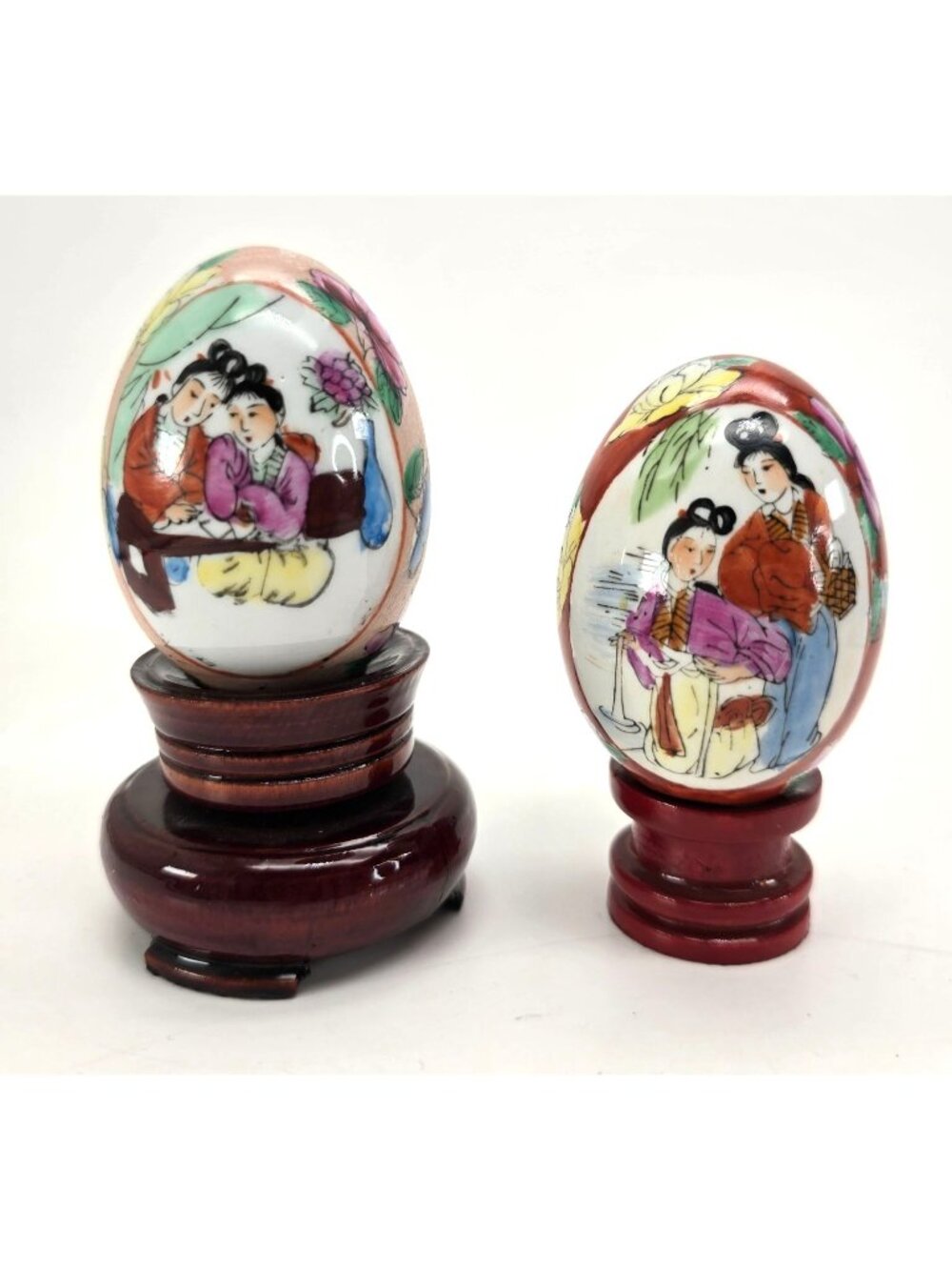Chinese Eggs Hand-Painted Porcelain Decorative Art With Wooden Stands Set je216